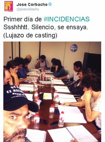 Imagen del Twiter de José Corbacho mostrando los ensayos previos al rodaje de `Incidencias´